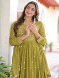 Pretty Green Embroidered Georgette Mehendi Wear Gown With Dupatta