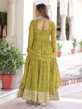 Pretty Green Embroidered Georgette Mehendi Wear Gown With Dupatta