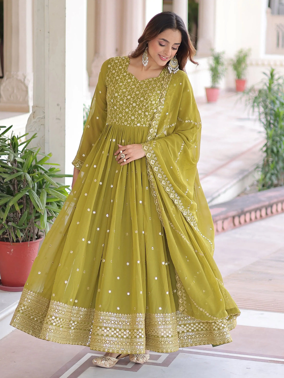 Pretty Green Embroidered Georgette Mehendi Wear Gown With Dupatta
