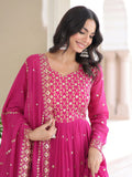 Alluring Rani Pink Zari Work Georgette Designer Gown With Dupatta