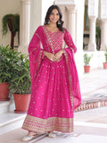 Alluring Rani Pink Zari Work Georgette Designer Gown With Dupatta