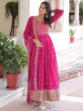 Alluring Rani Pink Zari Work Georgette Designer Gown With Dupatta