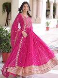 Alluring Rani Pink Zari Work Georgette Designer Gown With Dupatta
