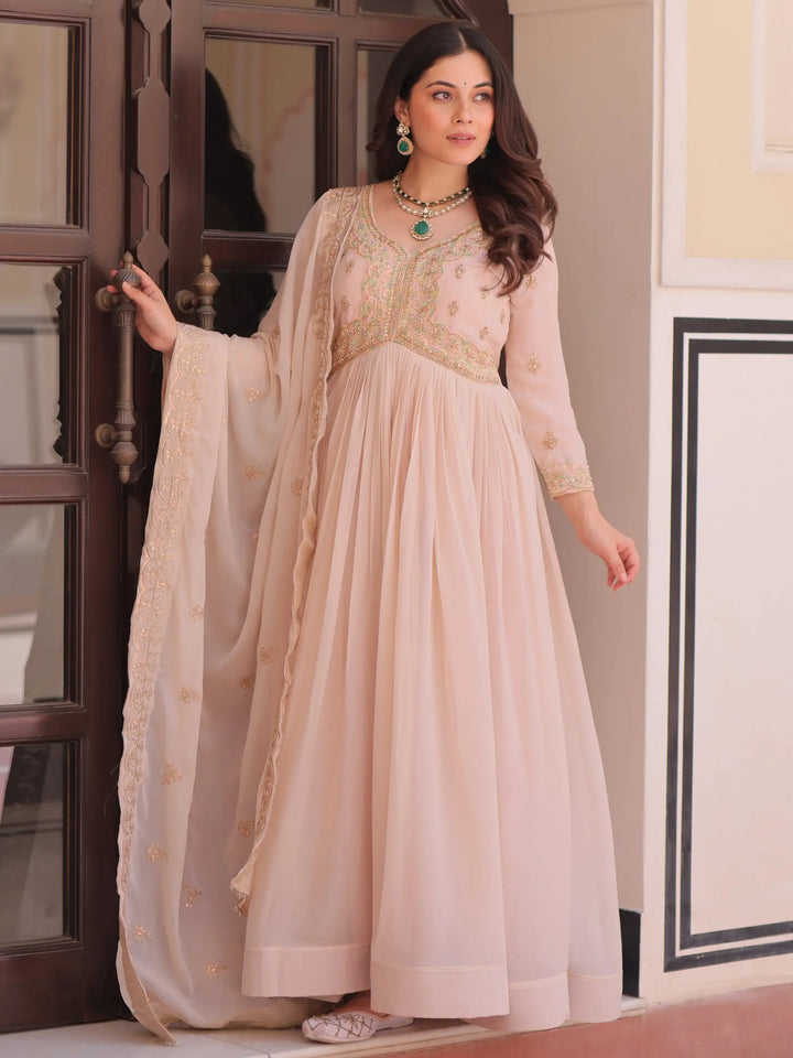 Fantabulous Cream Multi Thread Work Georgette Festive Wear Gown