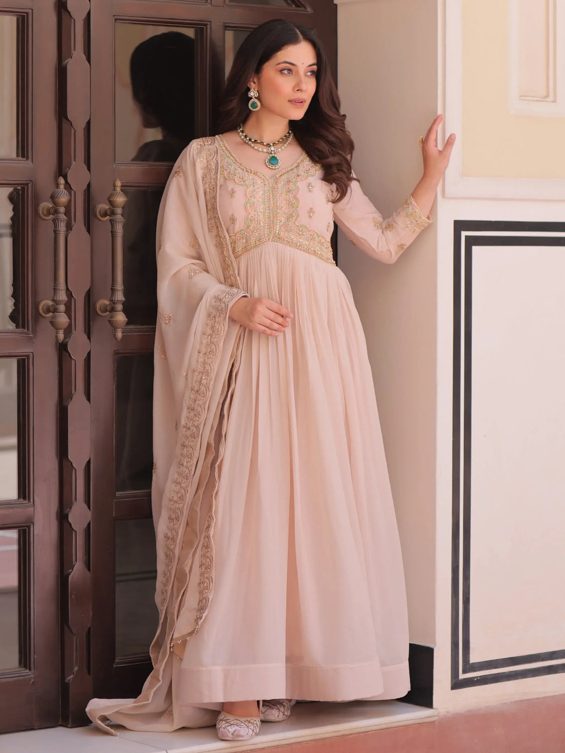 Fantabulous Cream Multi Thread Work Georgette Festive Wear Gown