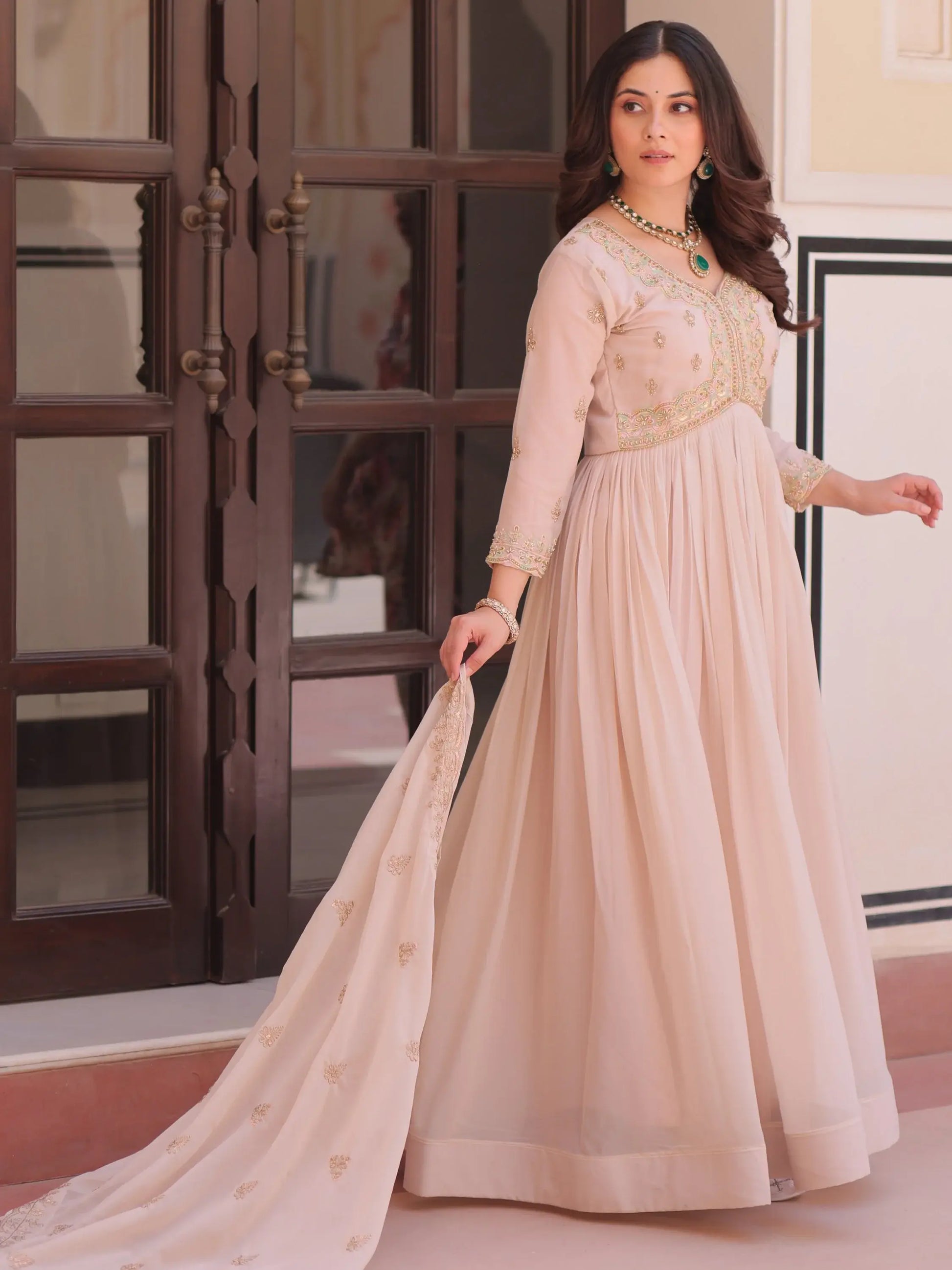 Fantabulous Cream Multi Thread Work Georgette Festive Wear Gown
