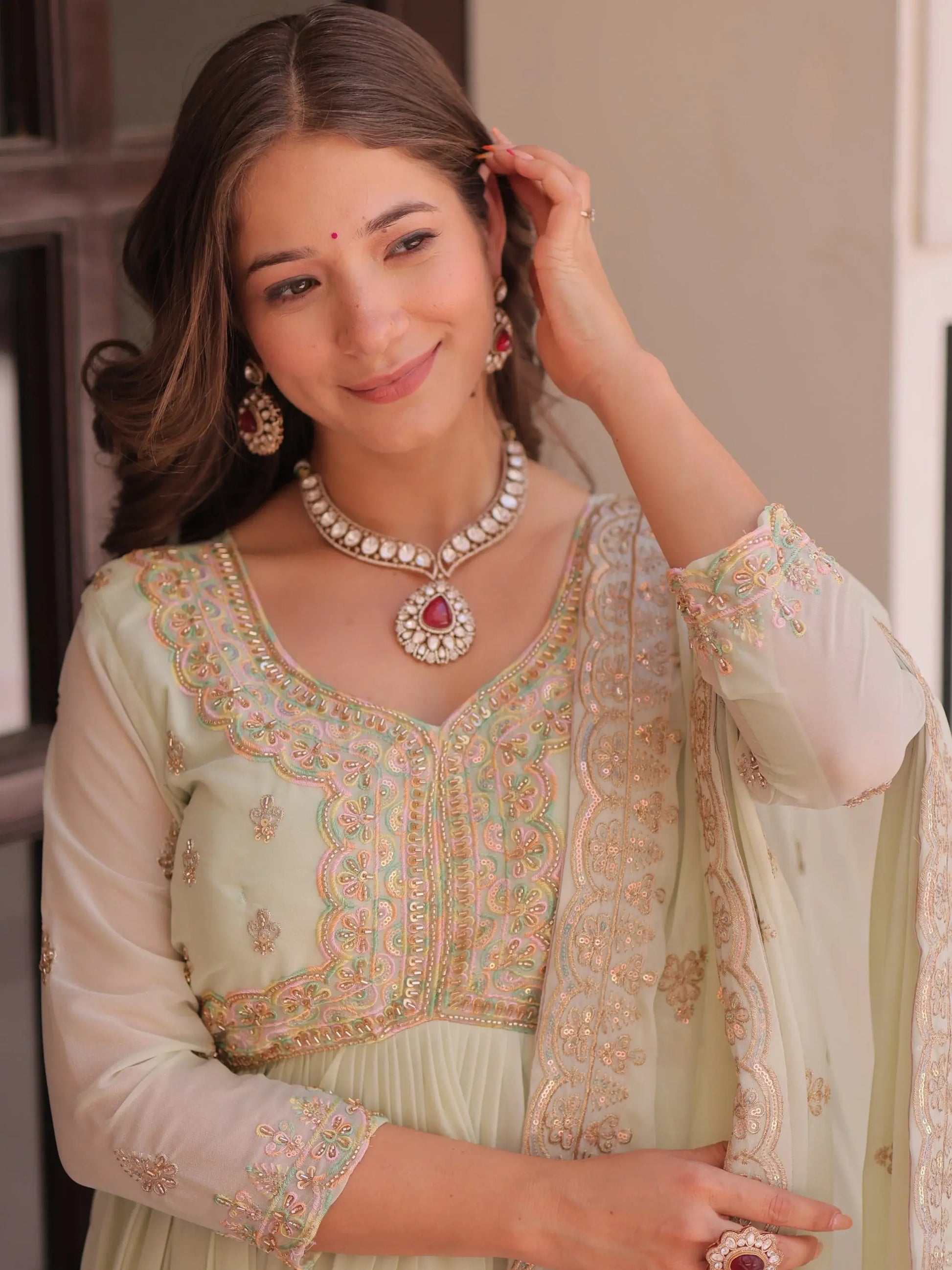 Glorious Pista Green Bead Work Georgette Traditional Gown With Dupatta