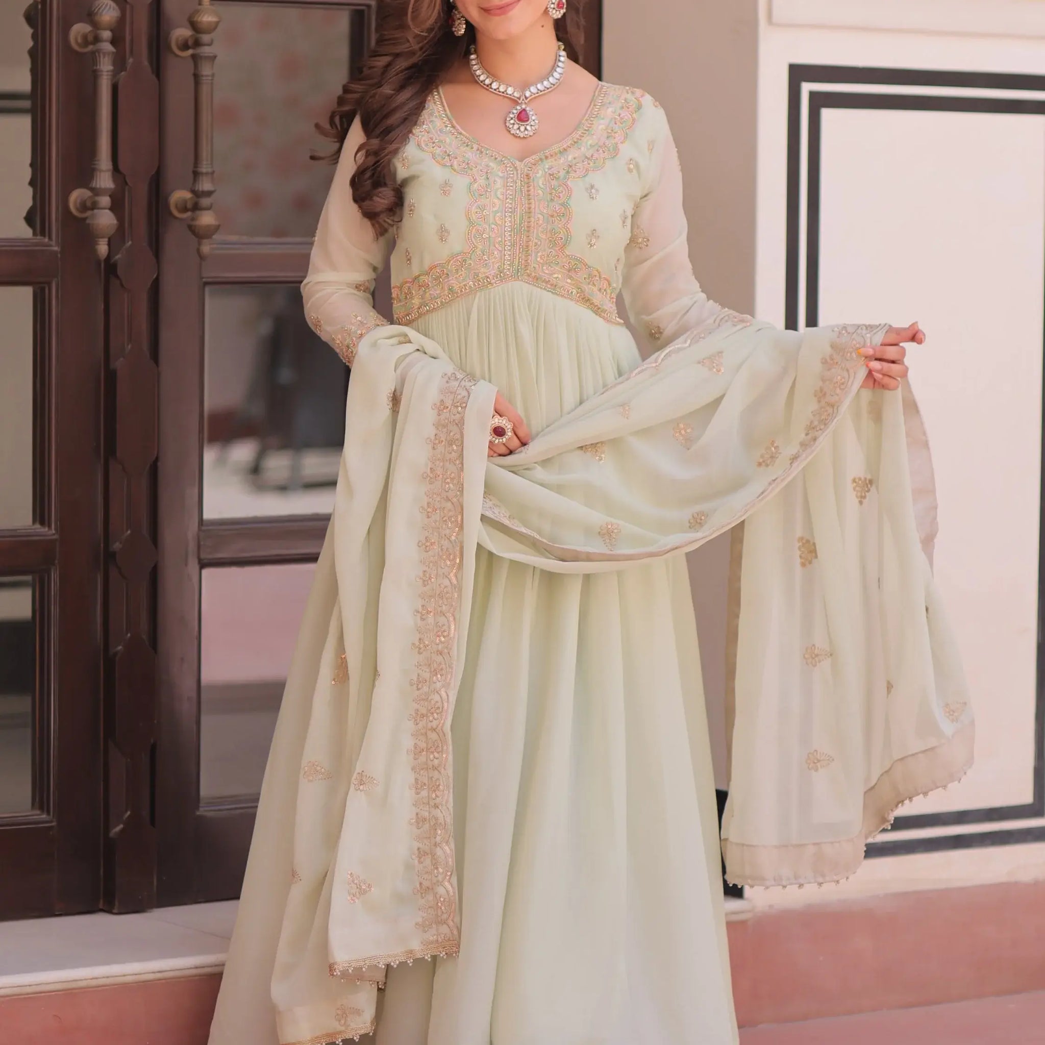 Glorious Pista Green Bead Work Georgette Traditional Gown With Dupatta