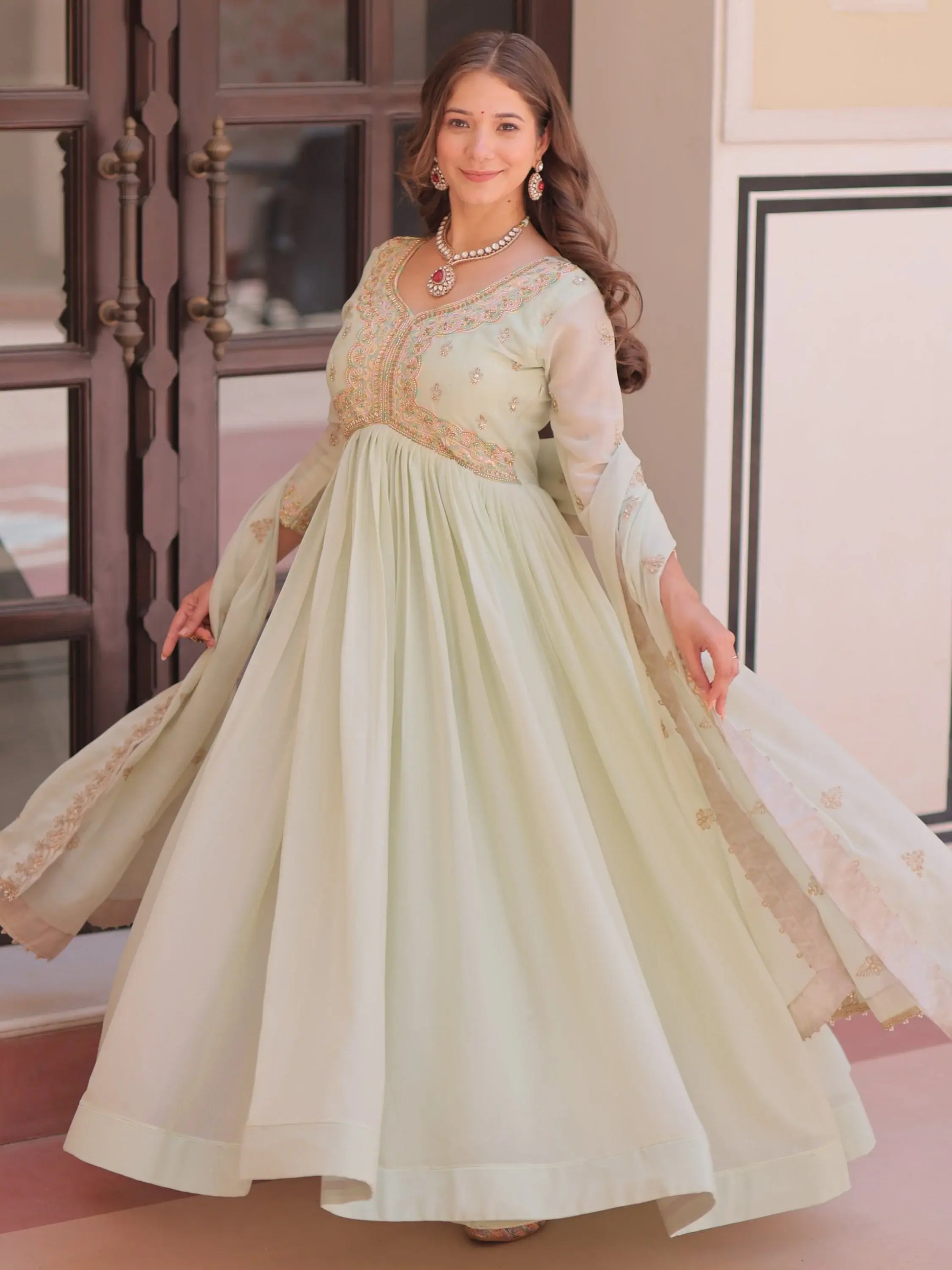 Glorious Pista Green Bead Work Georgette Traditional Gown With Dupatta