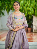 Classy Mauve Multi Thread Work Silk Traditional Gown With Dupatta