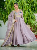 Classy Mauve Multi Thread Work Silk Traditional Gown With Dupatta