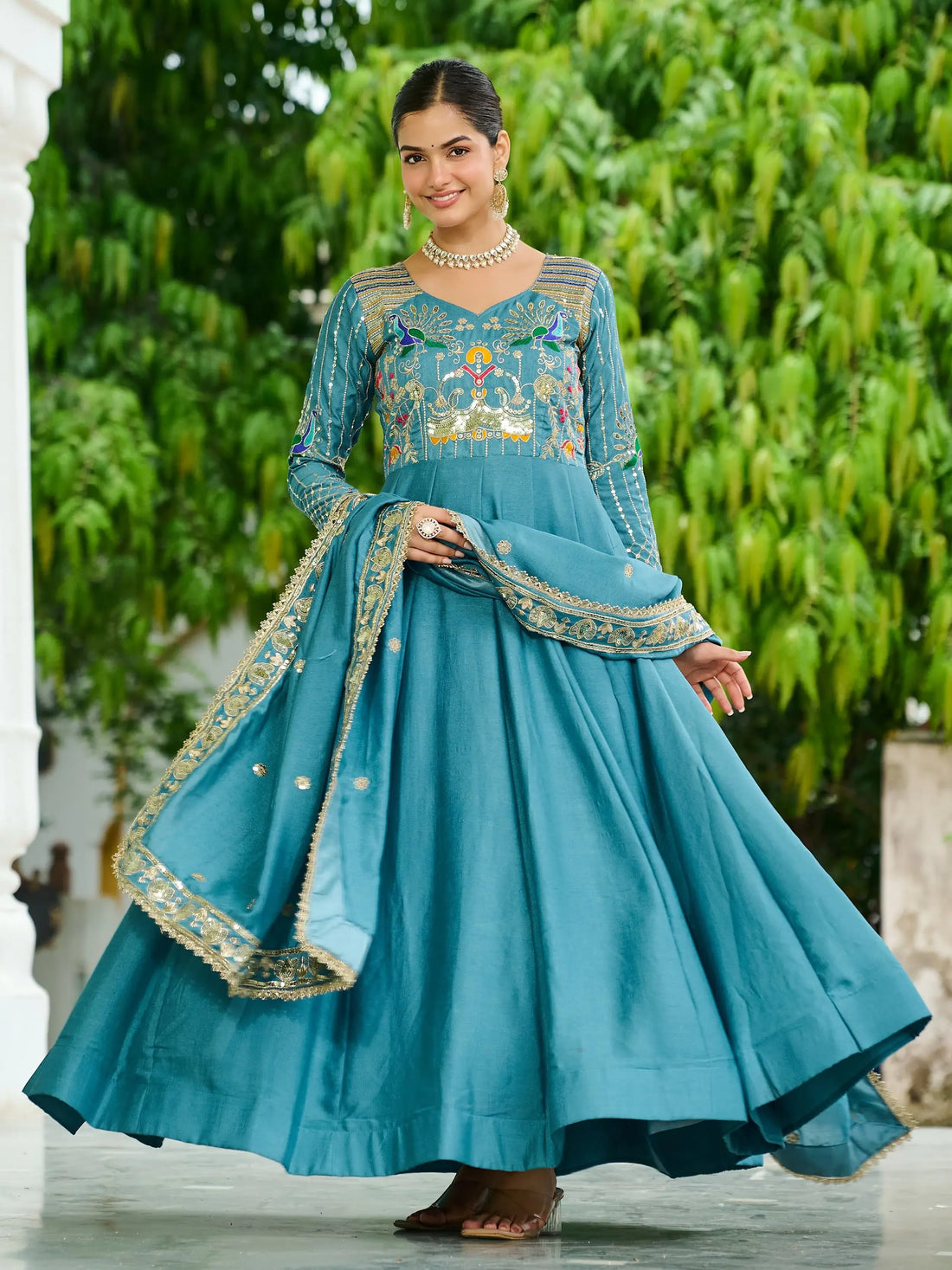 Adorable Sky Blue Sequins Silk Wedding Wear Gown With Dupatta