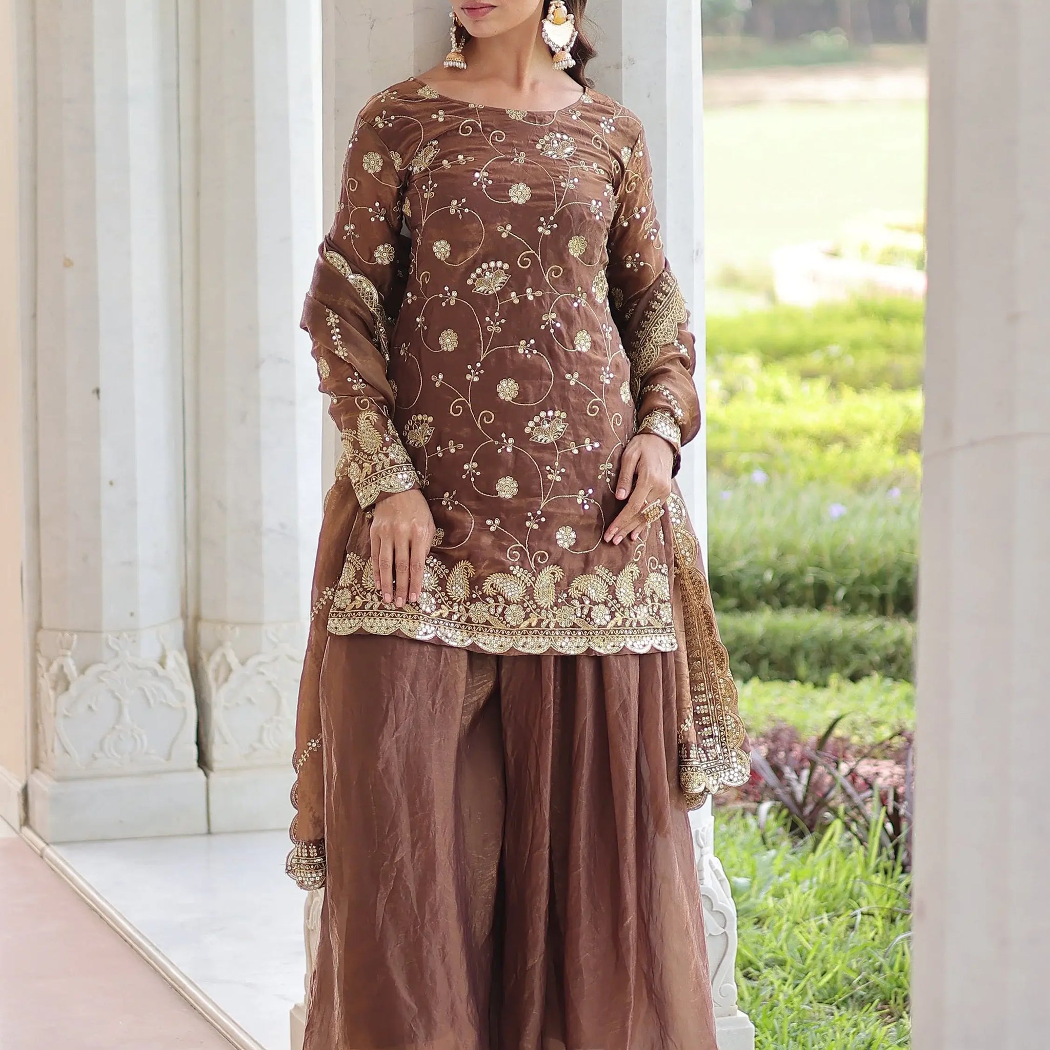 Marvelous Brown Embroidered Organza Festive Wear Palazzo Suit With Dupatta