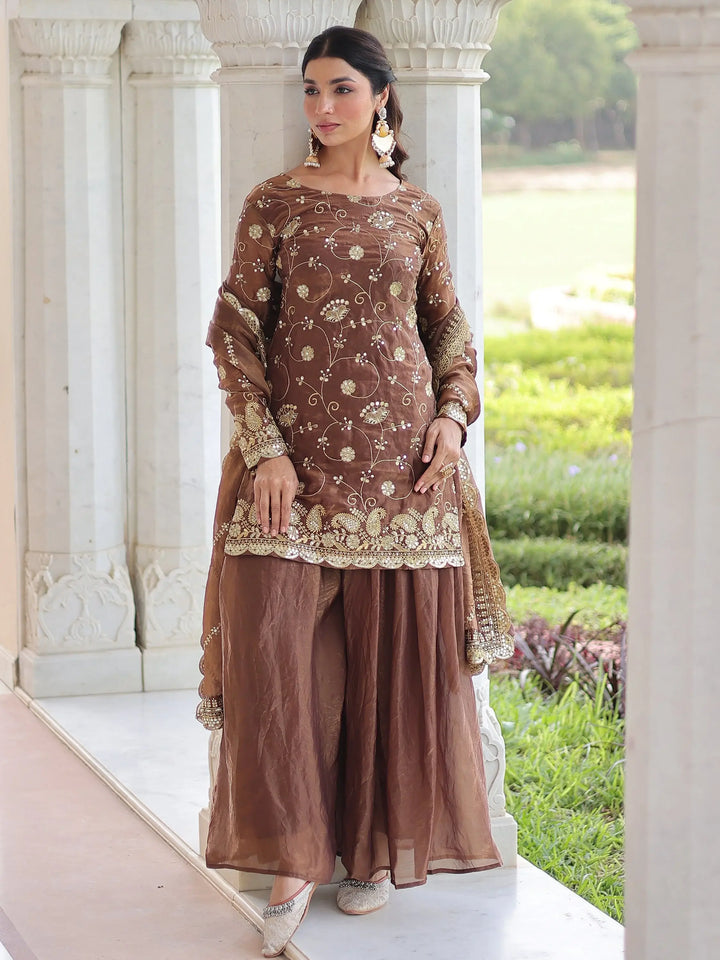 Marvelous Brown Embroidered Organza Festive Wear Palazzo Suit With Dupatta