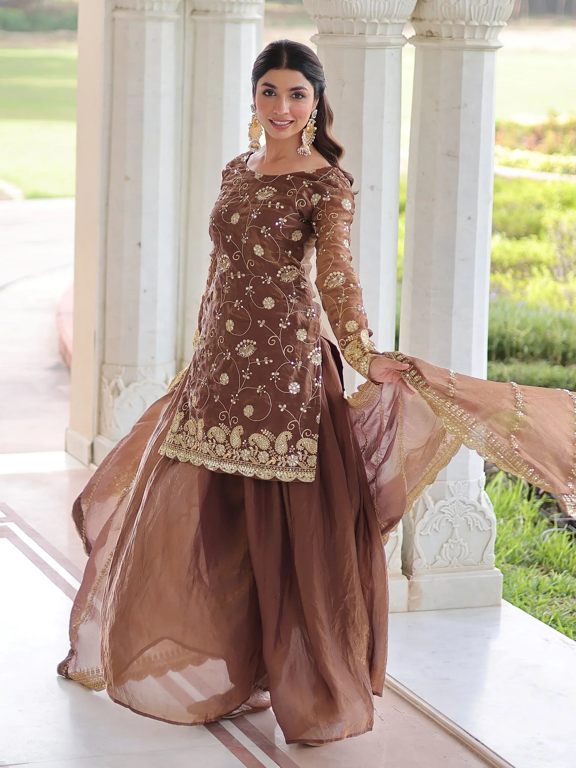 Marvelous Brown Embroidered Organza Festive Wear Palazzo Suit With Dupatta