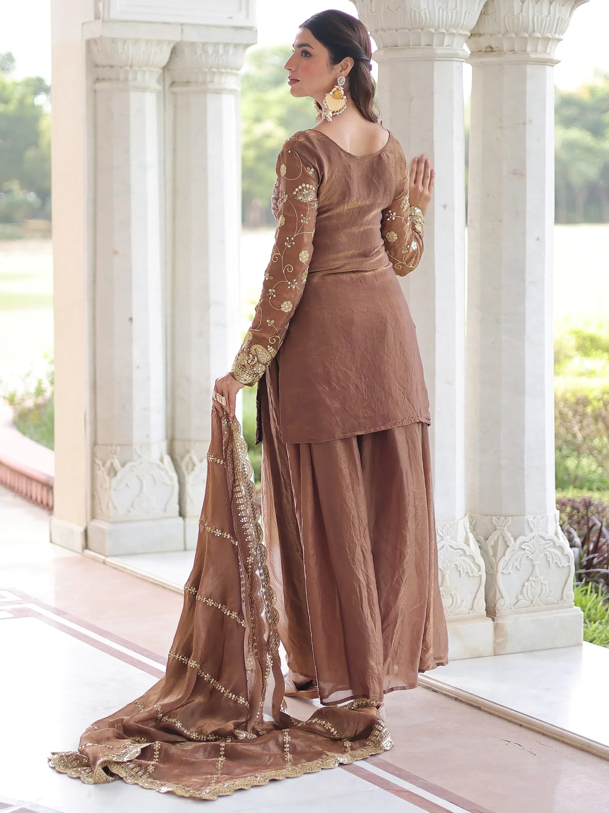Marvelous Brown Embroidered Organza Festive Wear Palazzo Suit With Dupatta
