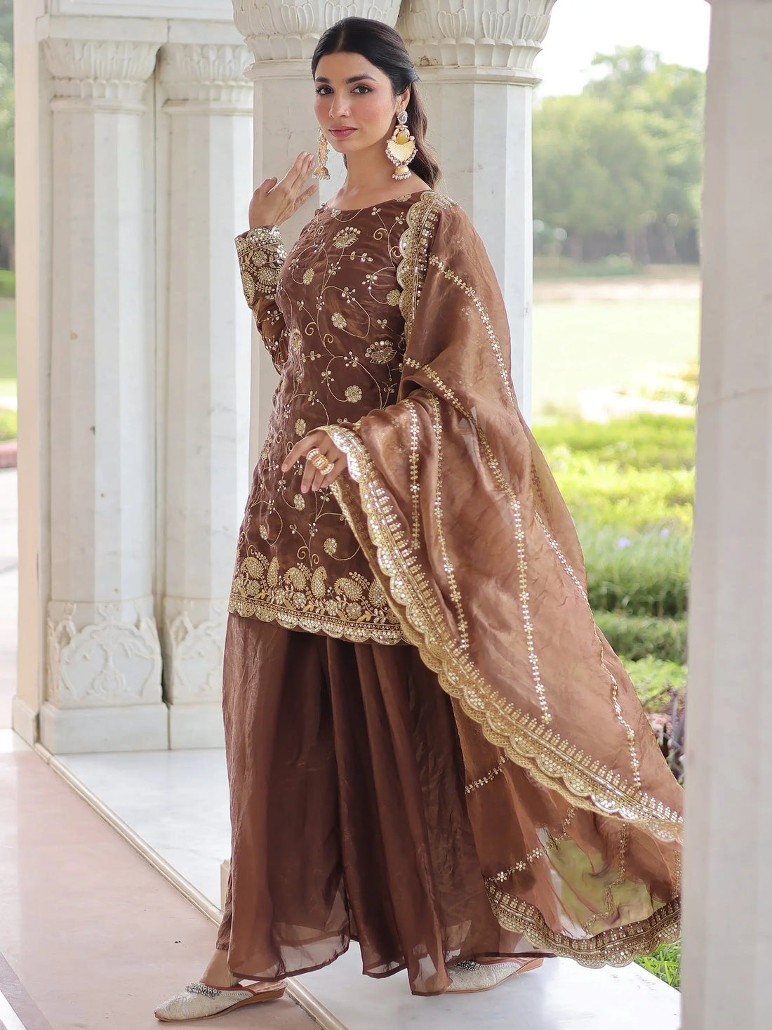 Marvelous Brown Embroidered Organza Festive Wear Palazzo Suit With Dupatta