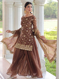 Marvelous Brown Embroidered Organza Festive Wear Palazzo Suit With Dupatta