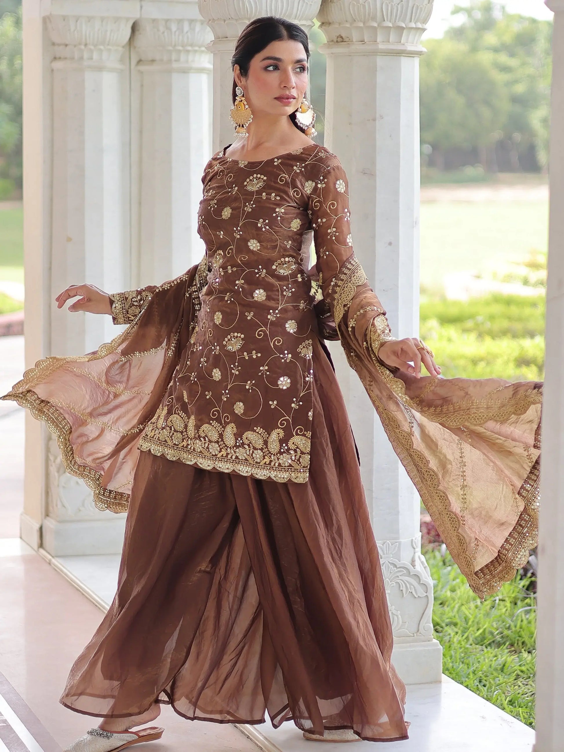 Marvelous Brown Embroidered Organza Festive Wear Palazzo Suit With Dupatta
