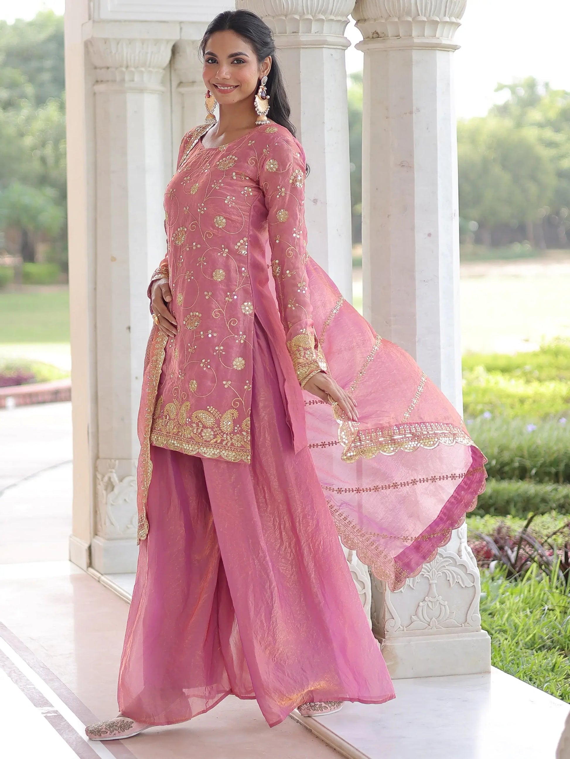 Delightful Pink Sequins Organza Wedding Wear Palazzo Suit With Dupatta