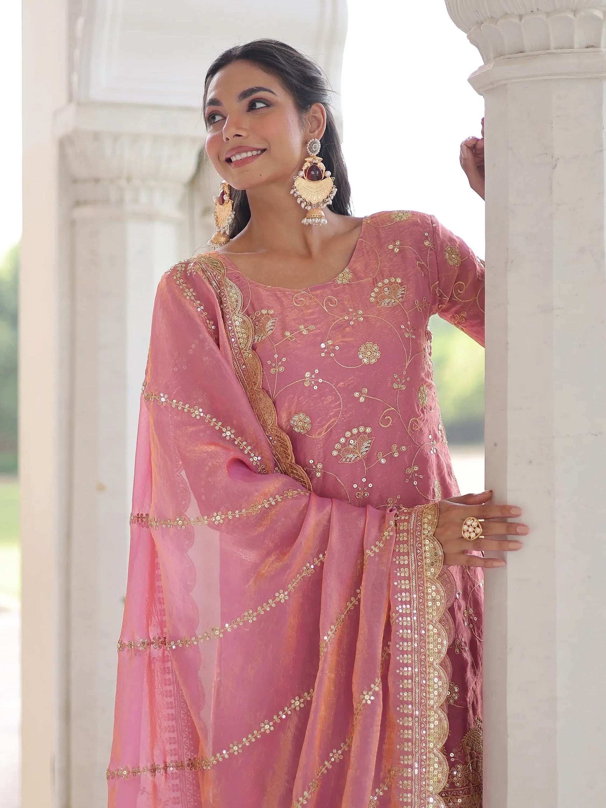 Delightful Pink Sequins Organza Wedding Wear Palazzo Suit With Dupatta