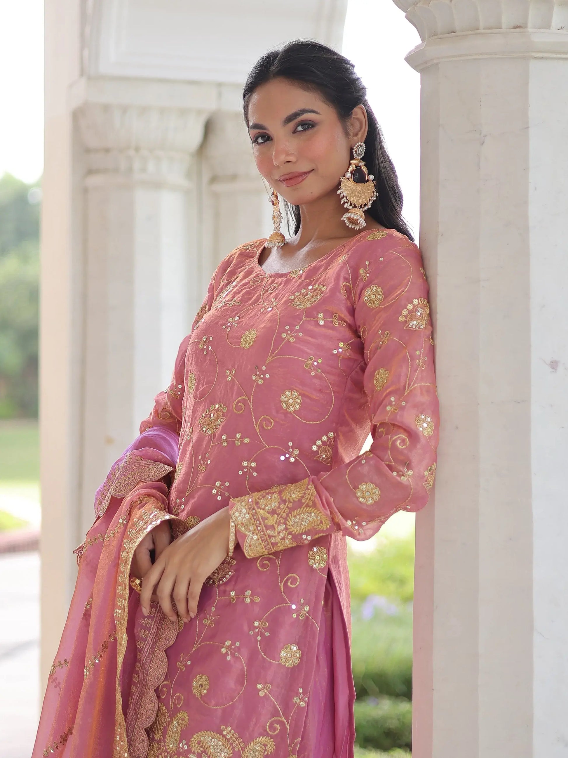 Delightful Pink Sequins Organza Wedding Wear Palazzo Suit With Dupatta