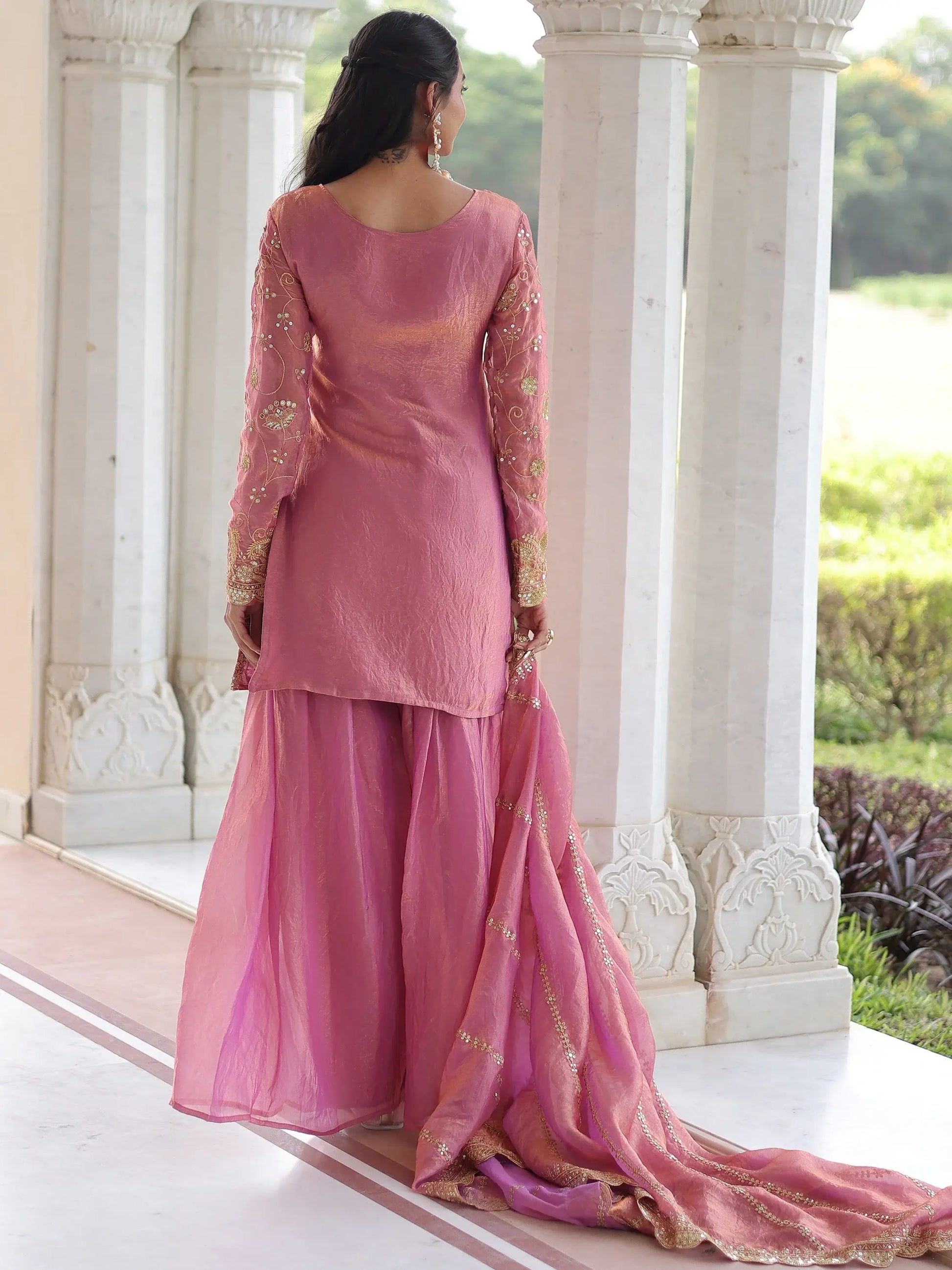 Delightful Pink Sequins Organza Wedding Wear Palazzo Suit With Dupatta