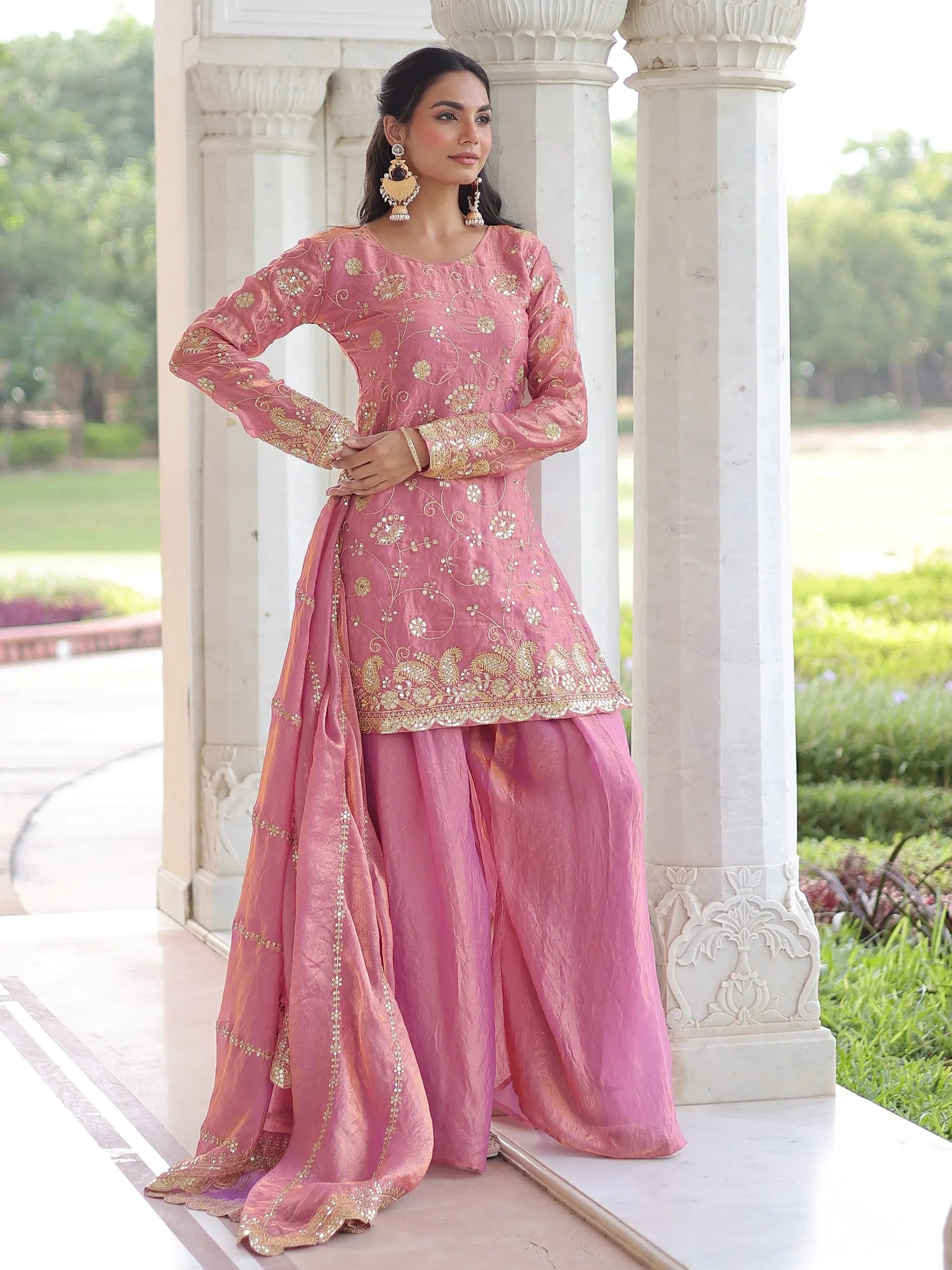 Delightful Pink Sequins Organza Wedding Wear Palazzo Suit With Dupatta