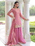 Delightful Pink Sequins Organza Wedding Wear Palazzo Suit With Dupatta