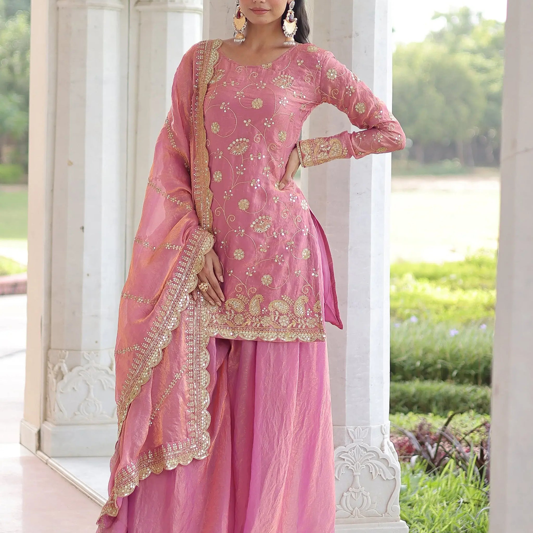 Delightful Pink Sequins Organza Wedding Wear Palazzo Suit With Dupatta