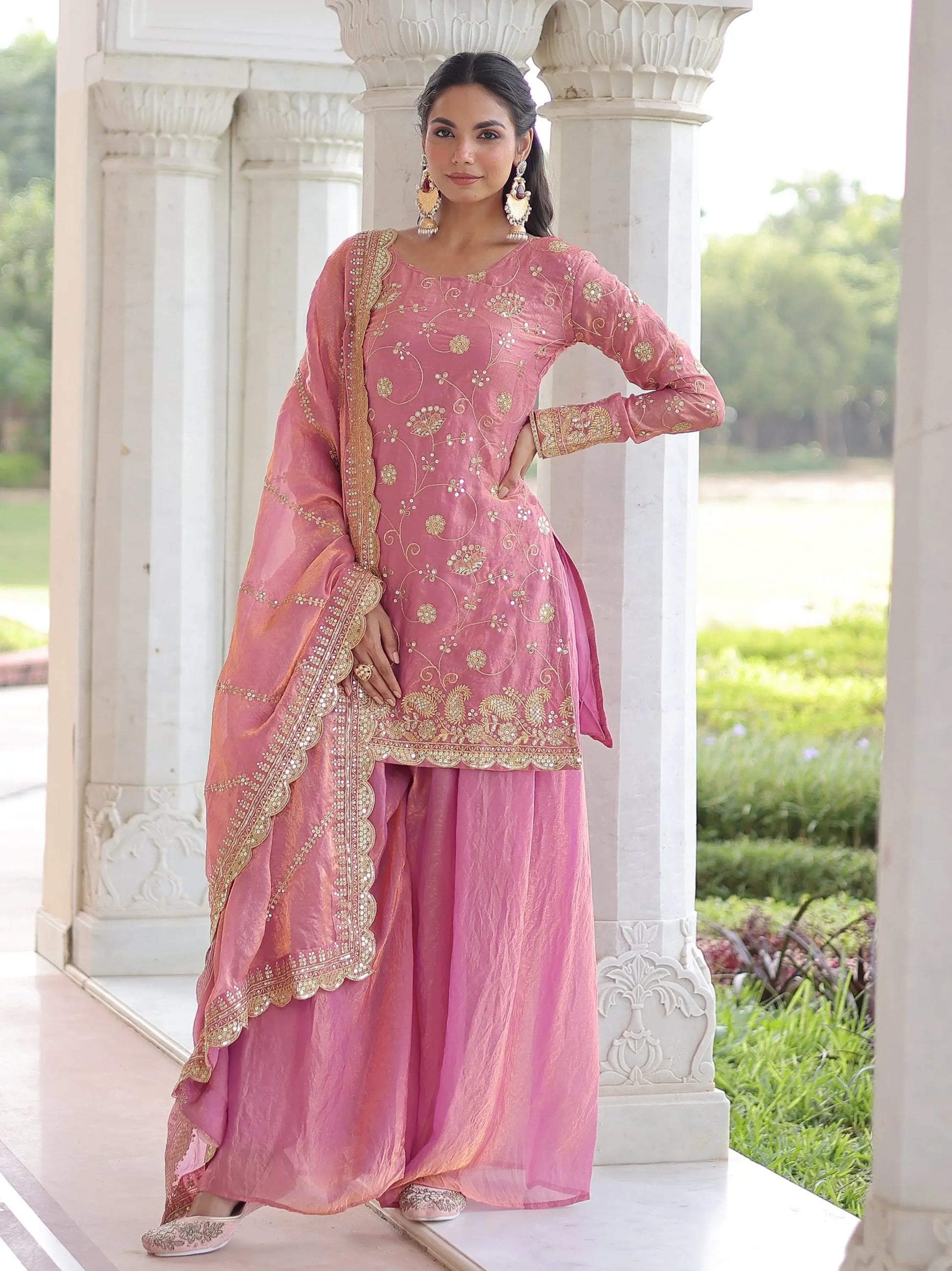 Delightful Pink Sequins Organza Wedding Wear Palazzo Suit With Dupatta