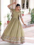 Awesome Pista Green Thread Work Silk Mehendi Wear Gown With Jacket