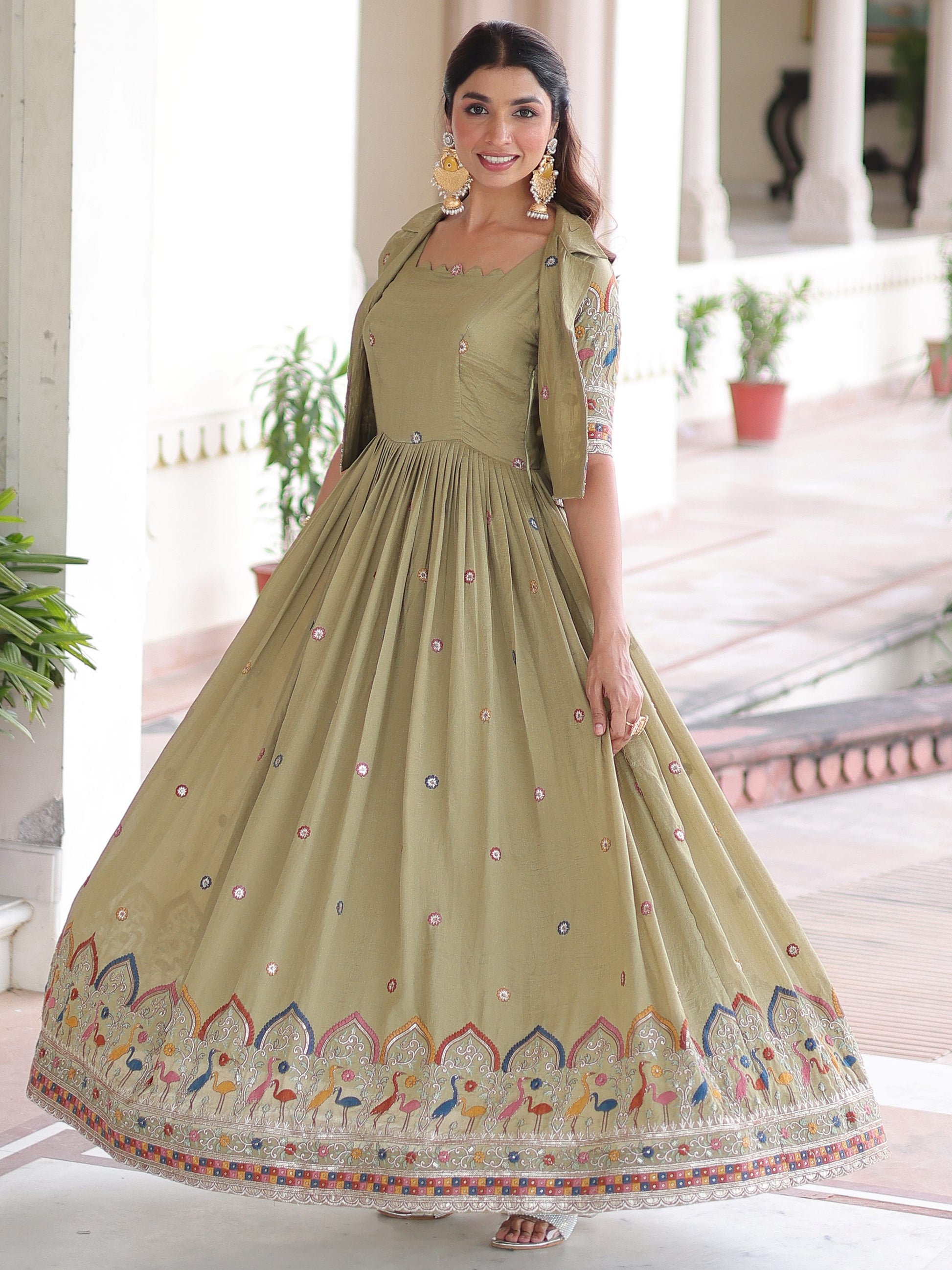 Awesome Pista Green Thread Work Silk Mehendi Wear Gown With Jacket
