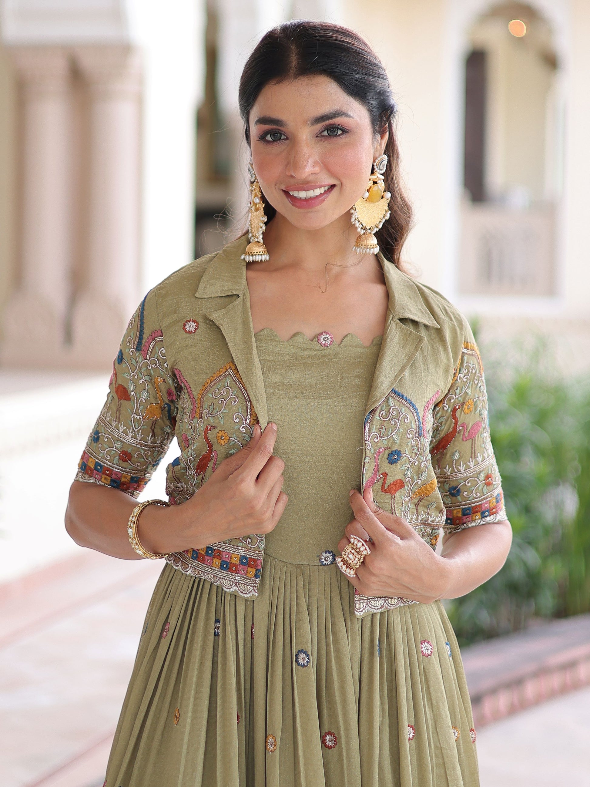 Awesome Pista Green Thread Work Silk Mehendi Wear Gown With Jacket