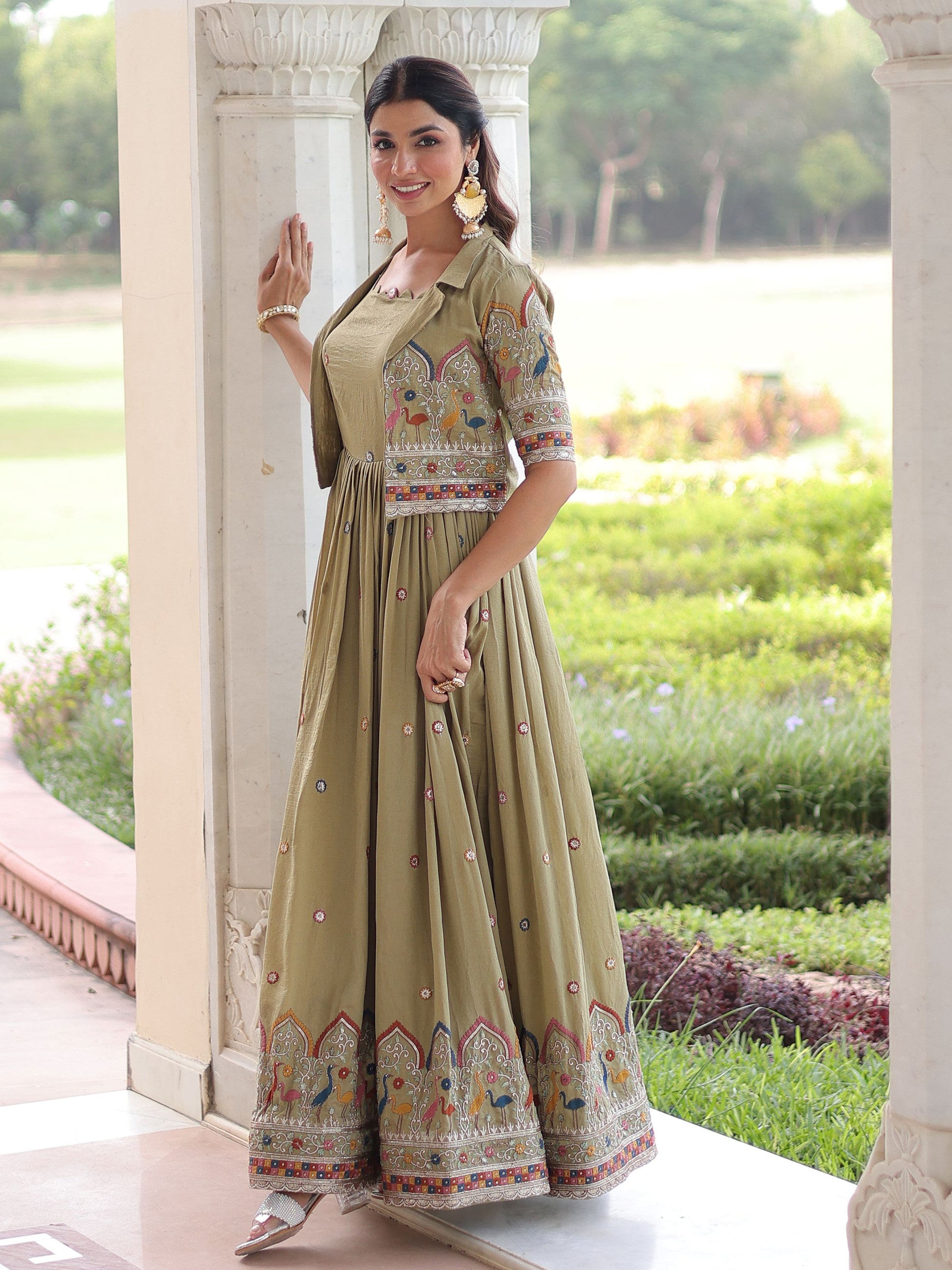 Awesome Pista Green Thread Work Silk Mehendi Wear Gown With Jacket