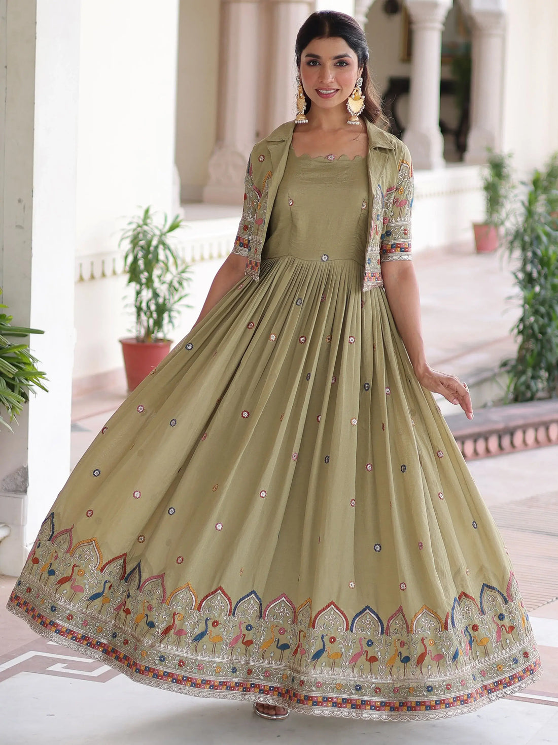 Awesome Pista Green Thread Work Silk Mehendi Wear Gown With Jacket