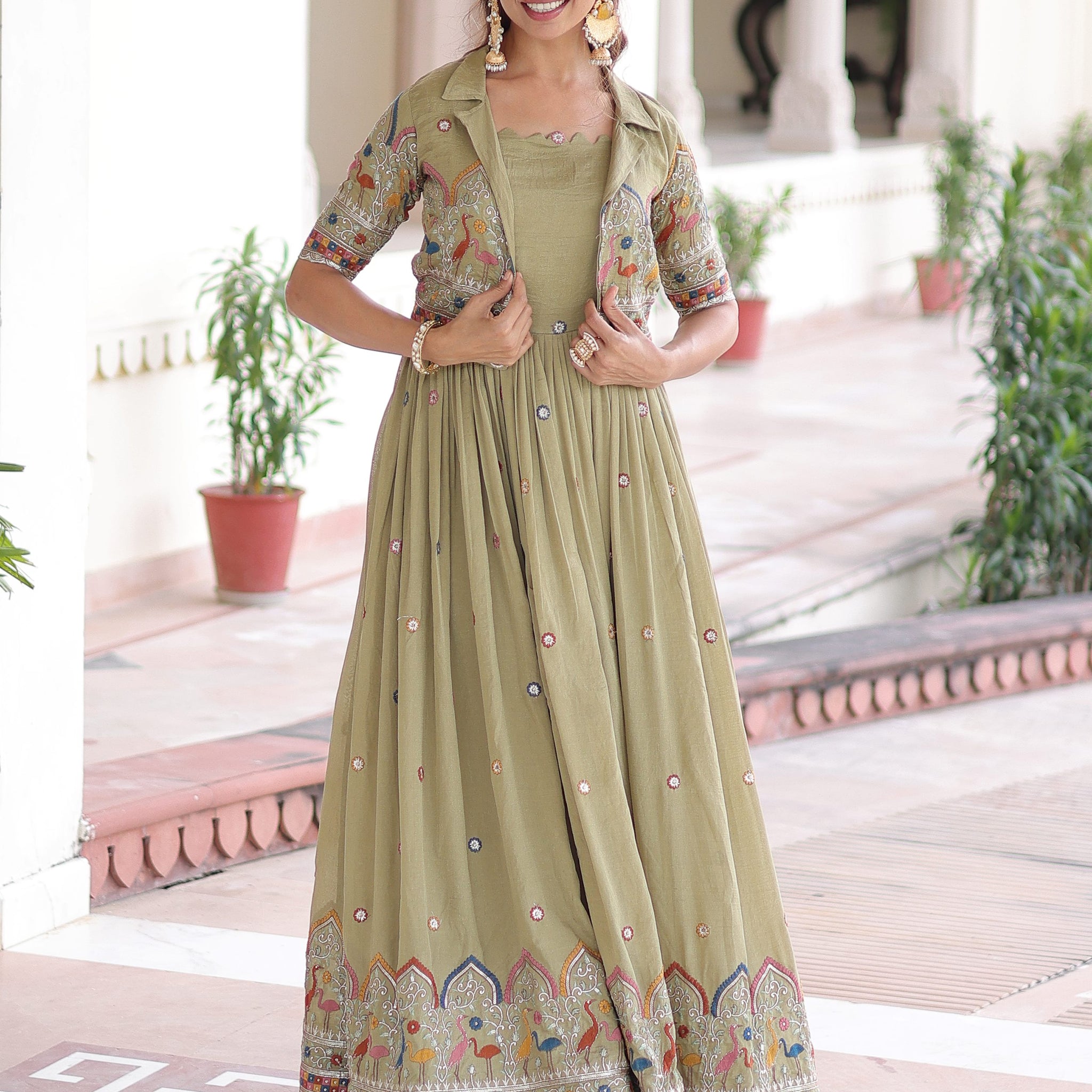 Awesome Pista Green Thread Work Silk Mehendi Wear Gown With Jacket