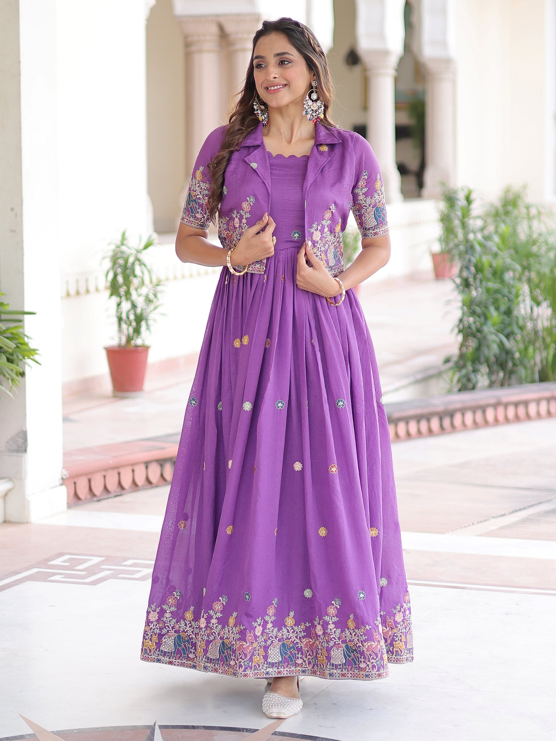 Splendid Purple Zari Embroidery Silk Festive Wear Gown With Jacket