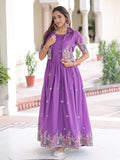 Splendid Purple Zari Embroidery Silk Festive Wear Gown With Jacket