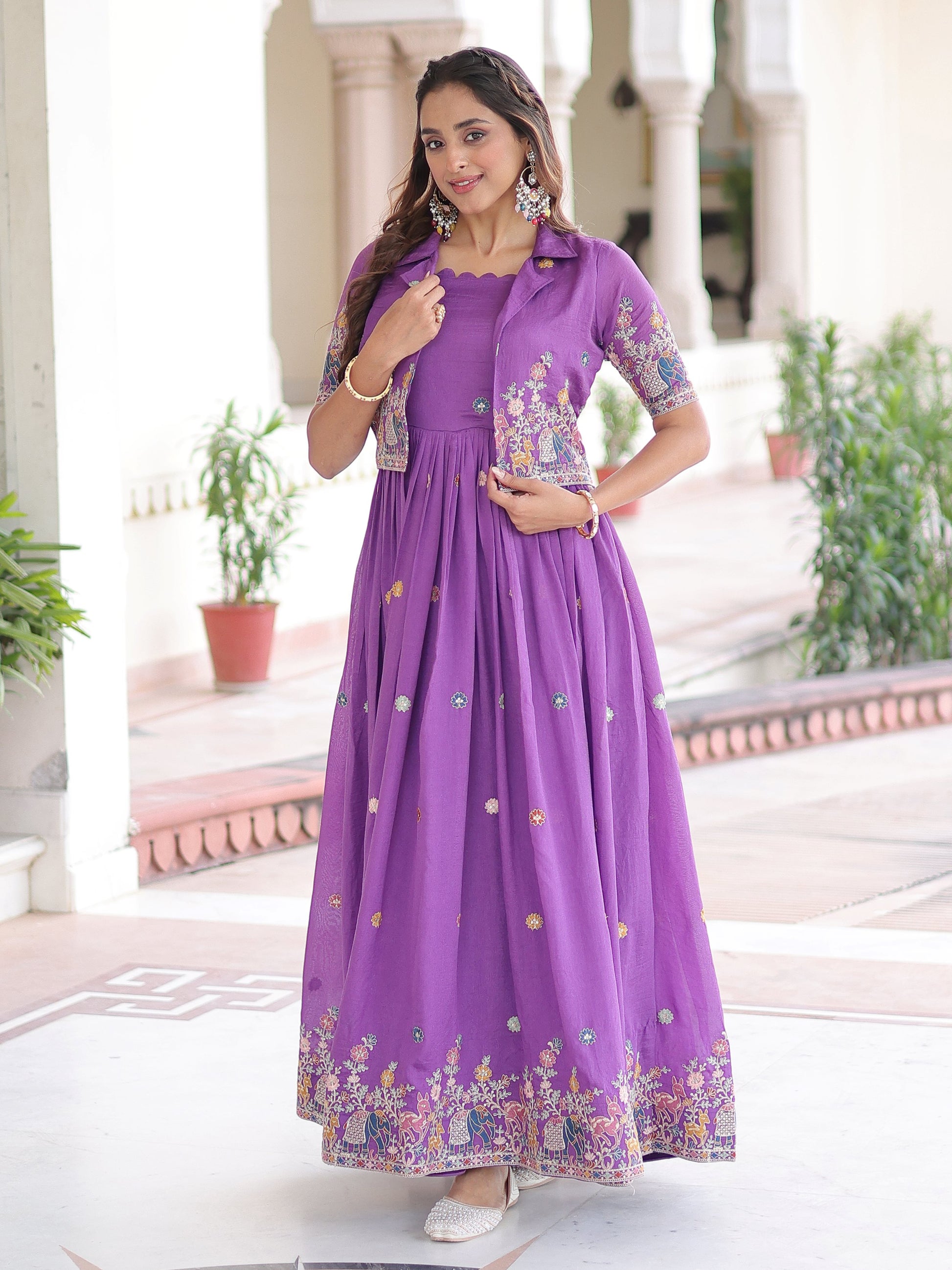 Splendid Purple Zari Embroidery Silk Festive Wear Gown With Jacket