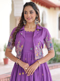Splendid Purple Zari Embroidery Silk Festive Wear Gown With Jacket