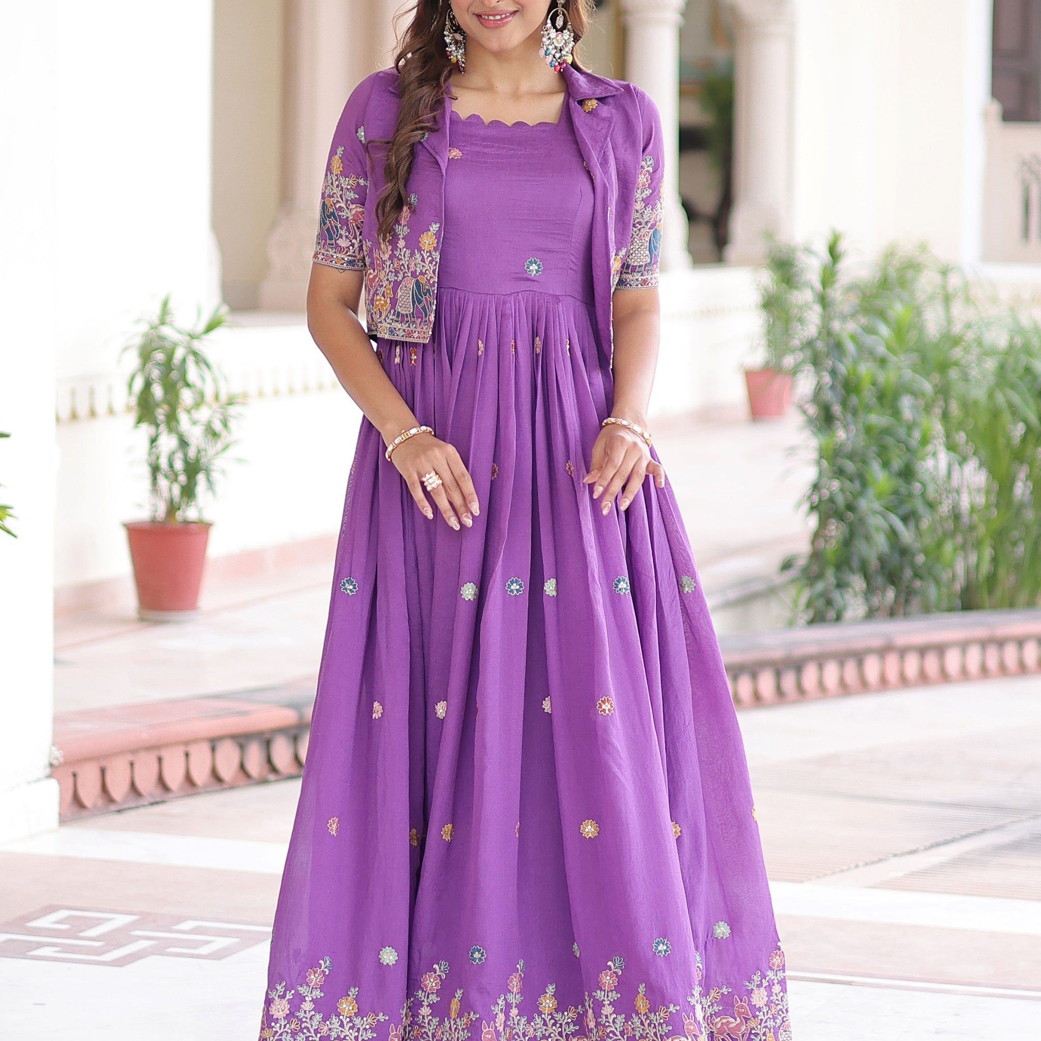 Splendid Purple Zari Embroidery Silk Festive Wear Gown With Jacket