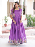 Splendid Purple Zari Embroidery Silk Festive Wear Gown With Jacket