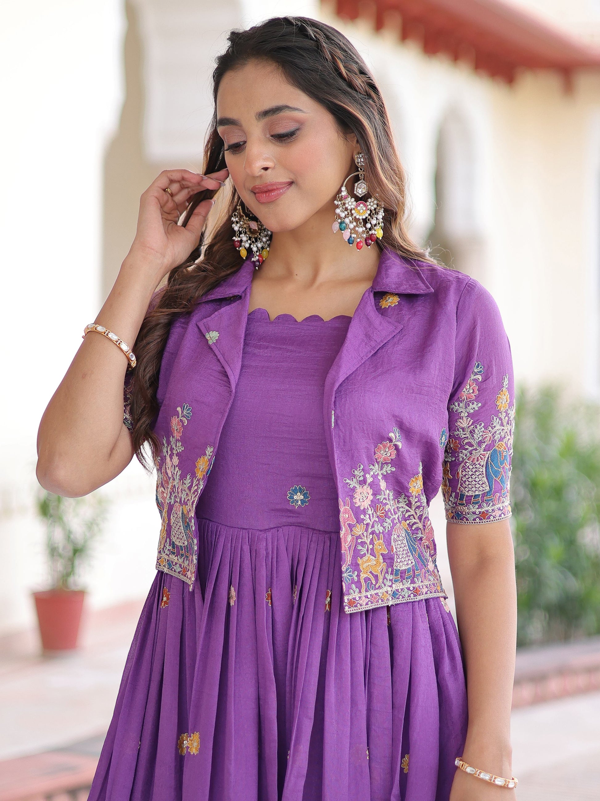Splendid Purple Zari Embroidery Silk Festive Wear Gown With Jacket