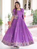 Splendid Purple Zari Embroidery Silk Festive Wear Gown With Jacket
