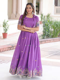 Splendid Purple Zari Embroidery Silk Festive Wear Gown With Jacket