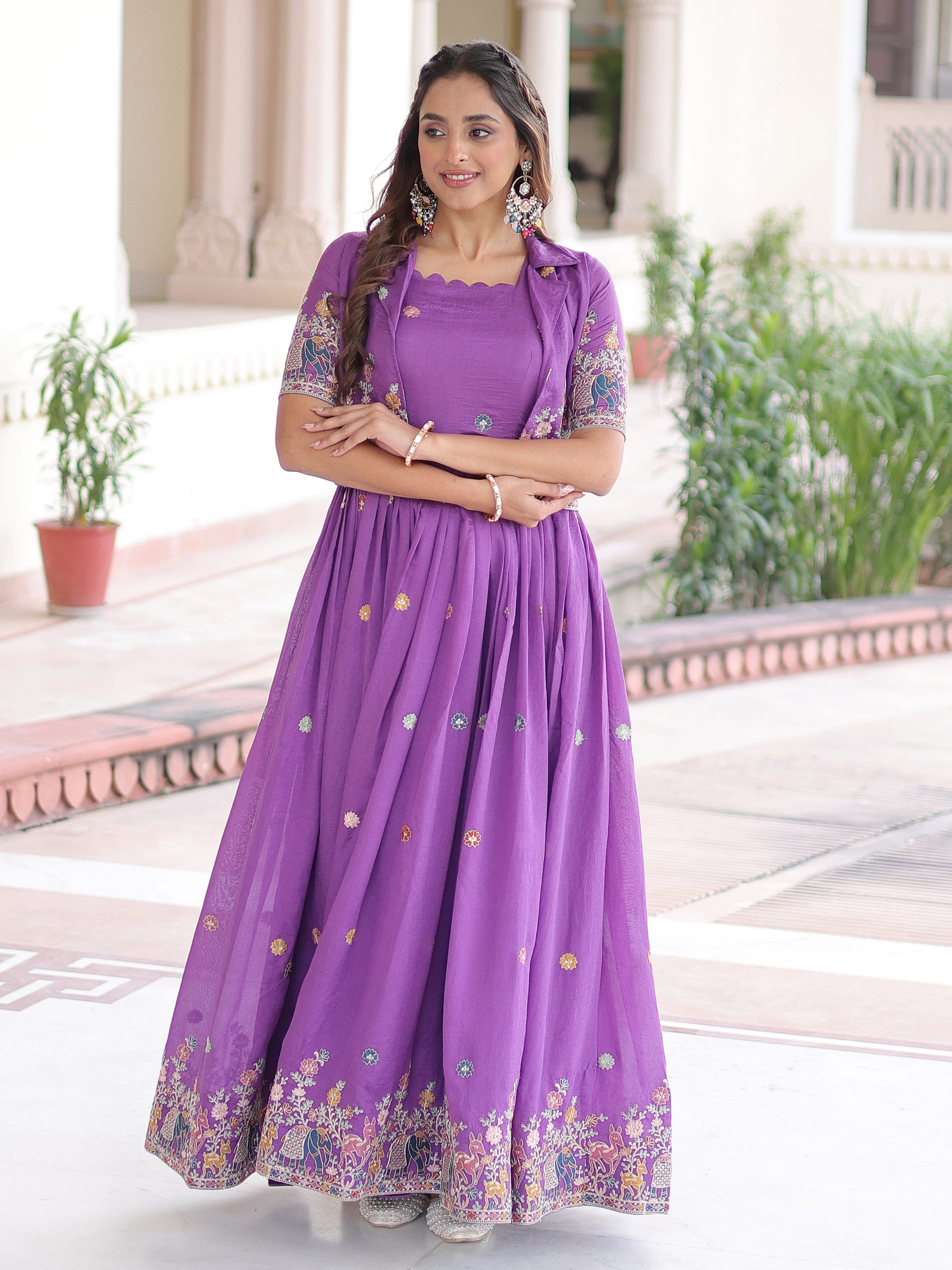 Splendid Purple Zari Embroidery Silk Festive Wear Gown With Jacket