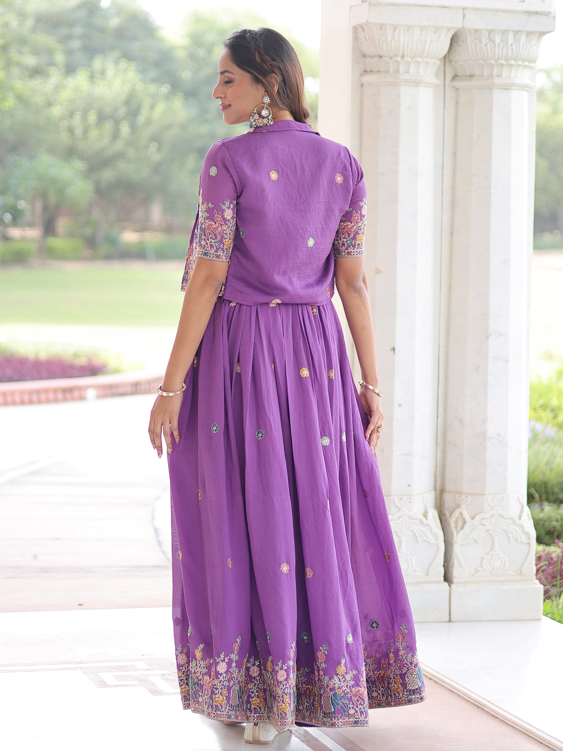 Splendid Purple Zari Embroidery Silk Festive Wear Gown With Jacket
