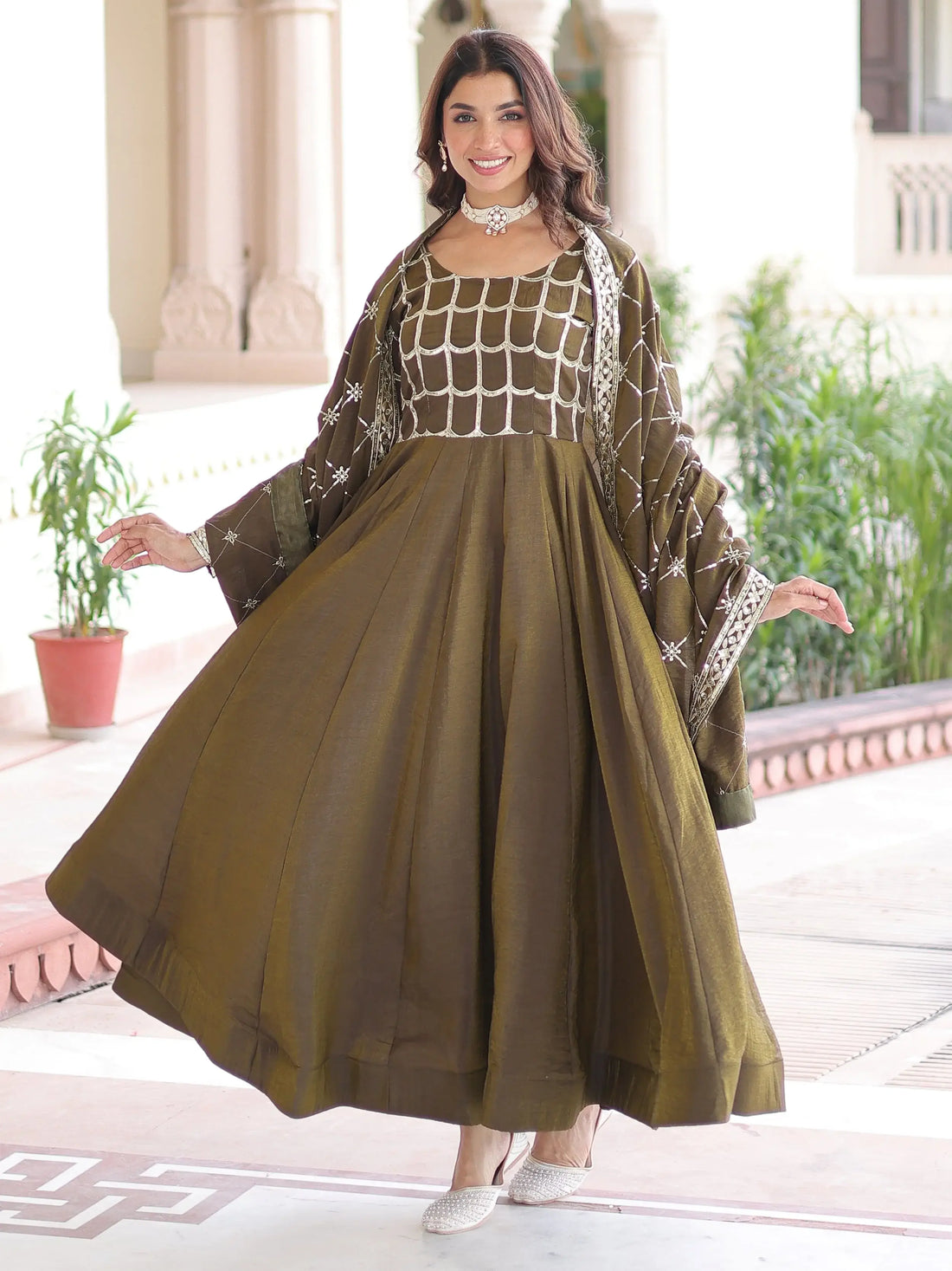 Classic Mehendi Green Sequins Silk Marriage Wear Gown With Dupatta