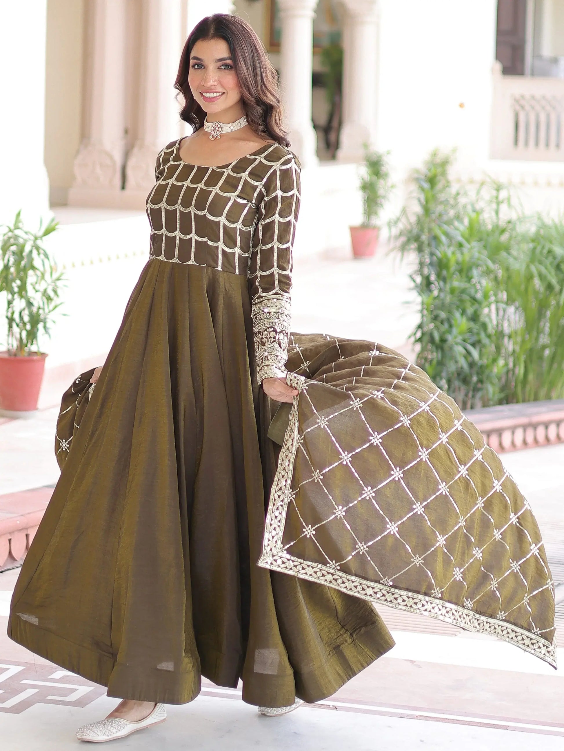 Classic Mehendi Green Sequins Silk Marriage Wear Gown With Dupatta
